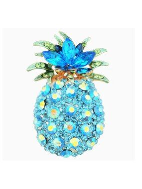 Betsey Johnson Blue Pineapple Brooch with Iridescent Crystals Gold Tone
